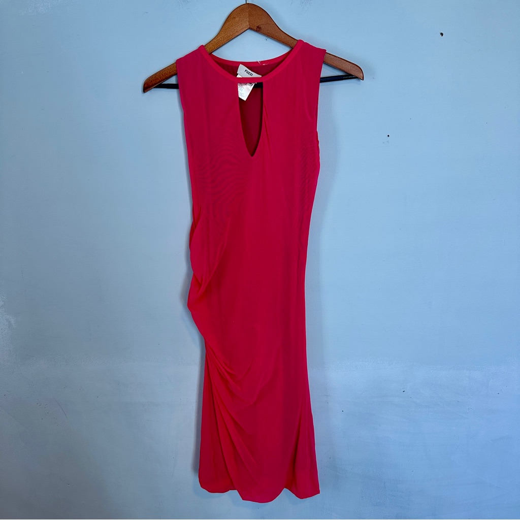 Fuzzi Raspberry Red Pink Ruched Sleeveless Dress With Keyhole Mesh